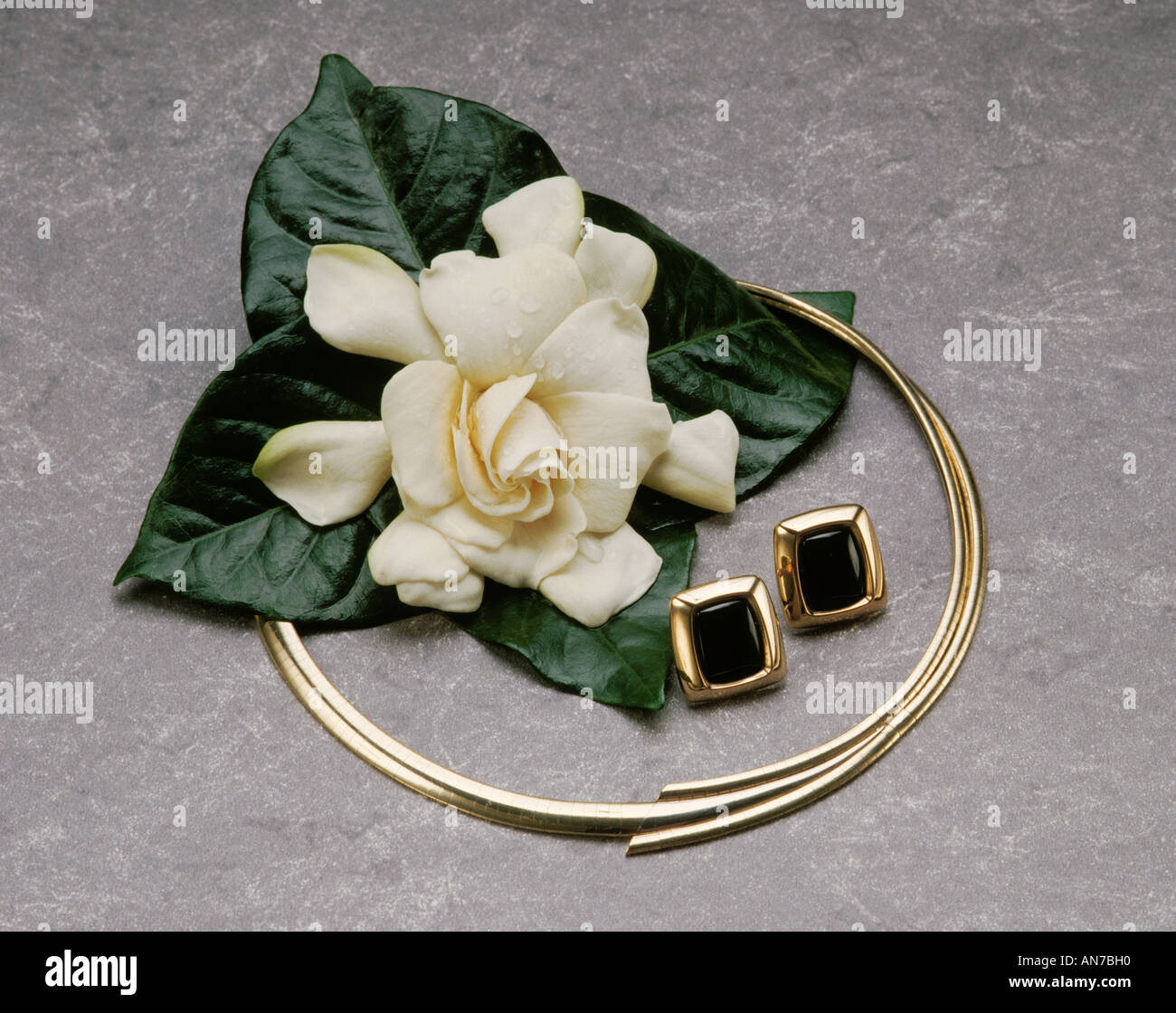 Collana in oro e orecchini in oro nero con pietre di onice Foto Stock