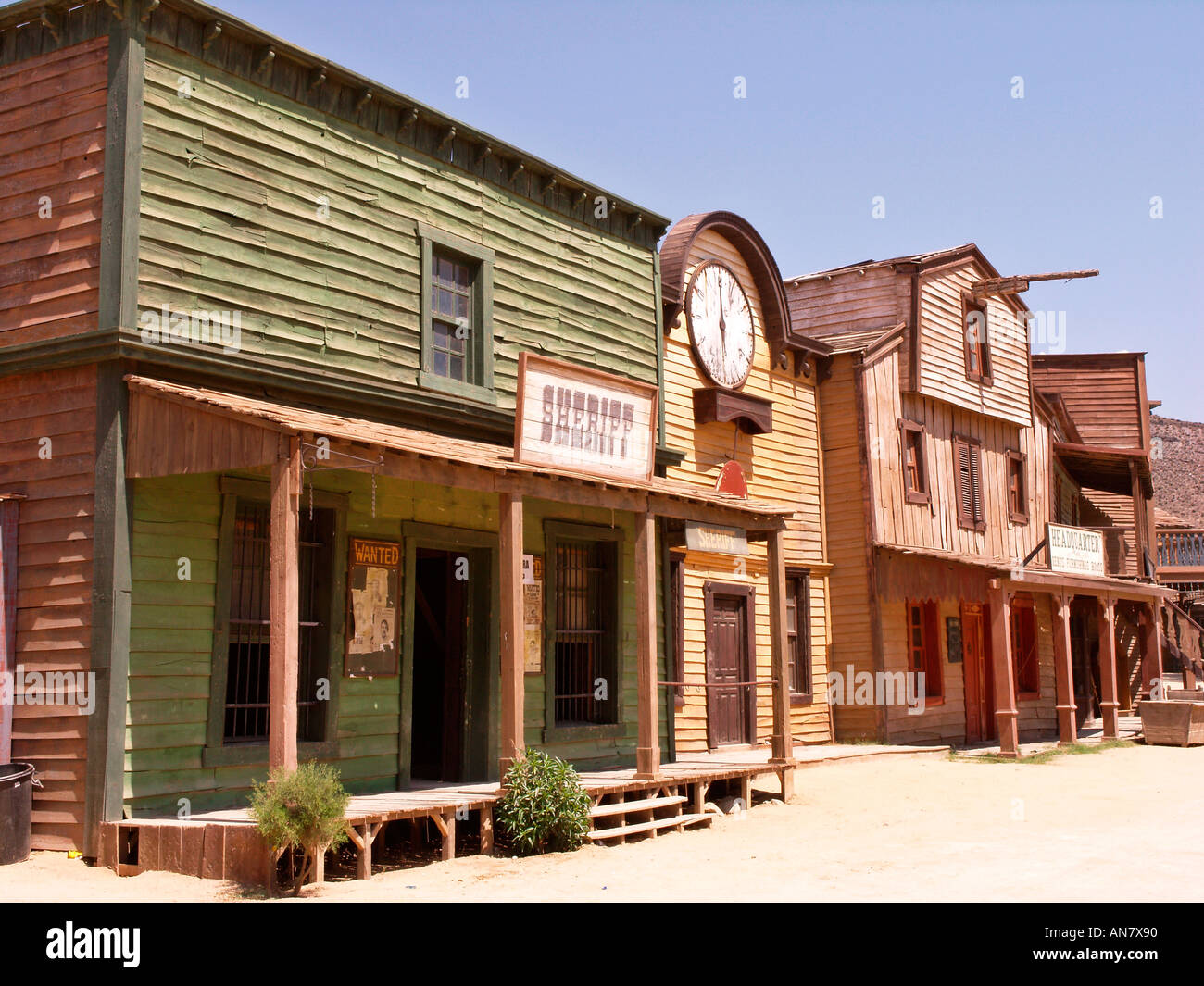 Set cinematografico del vecchio edificio occidentale al Texas gli studios di Hollywood nei pressi di Tabernas provincia di Almeria Andalusia Spagna Foto Stock