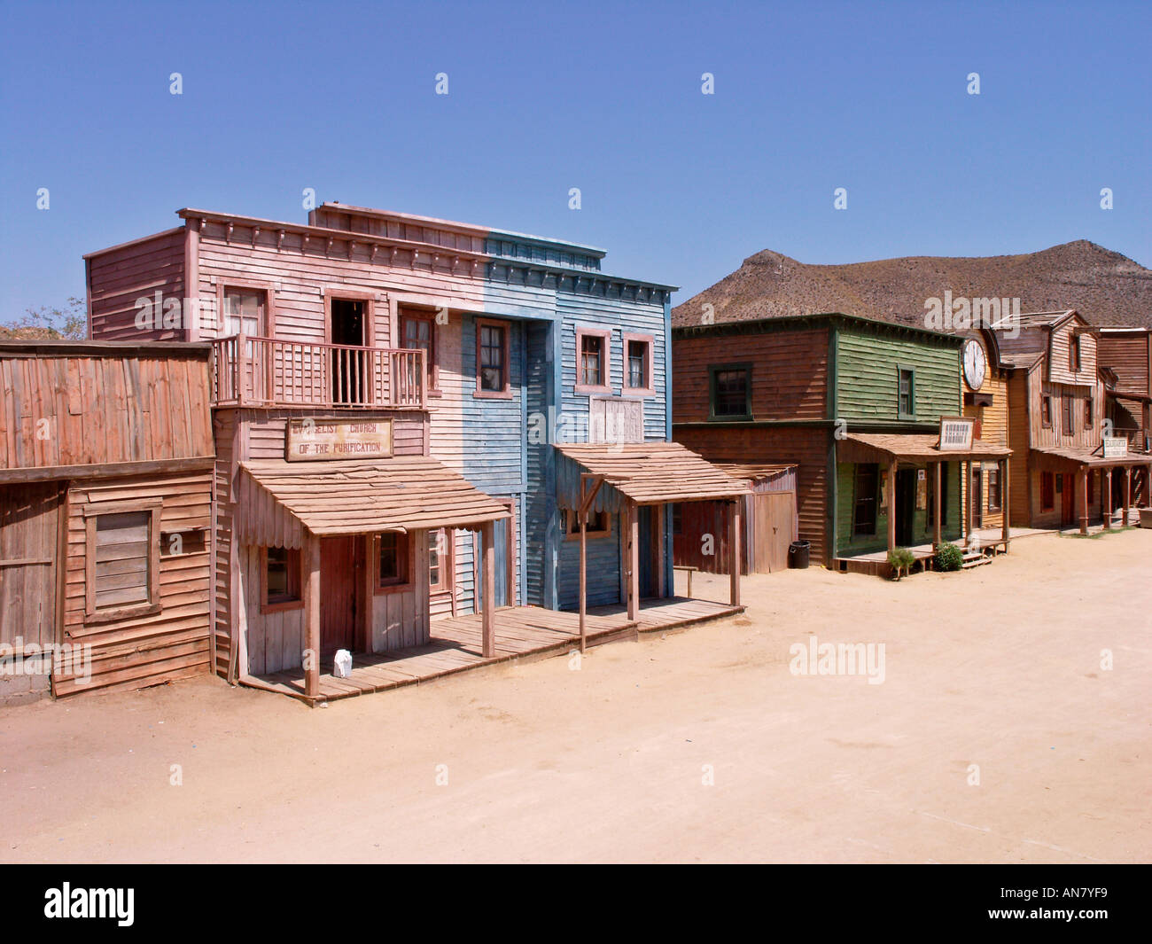 Set cinematografico del vecchio edificio occidentale al Texas gli studios di Hollywood nei pressi di Tabernas provincia di Almeria Andalusia Spagna Foto Stock