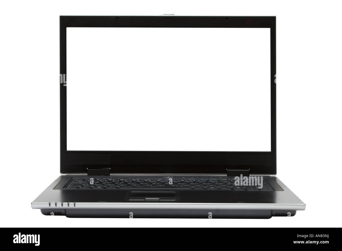 Nero computer mobile con un taglio fuori schermo. Isolato su uno sfondo bianco. Foto Stock