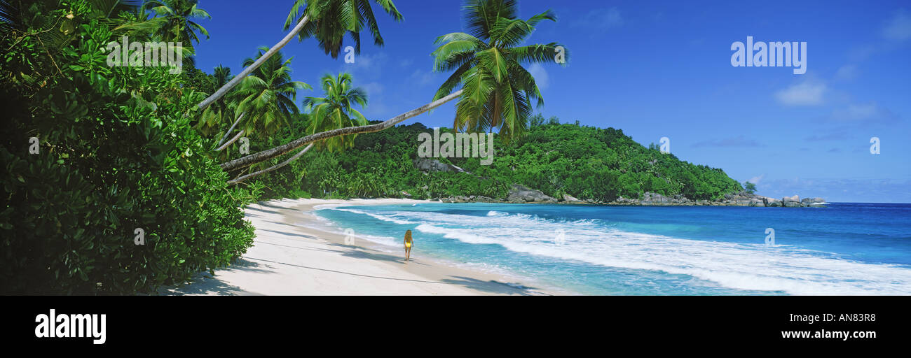 Donna che cammina lungo la riva sabbiosa ad Anse Takamaka beach sull'Isola di Mahe in Seychelles Foto Stock
