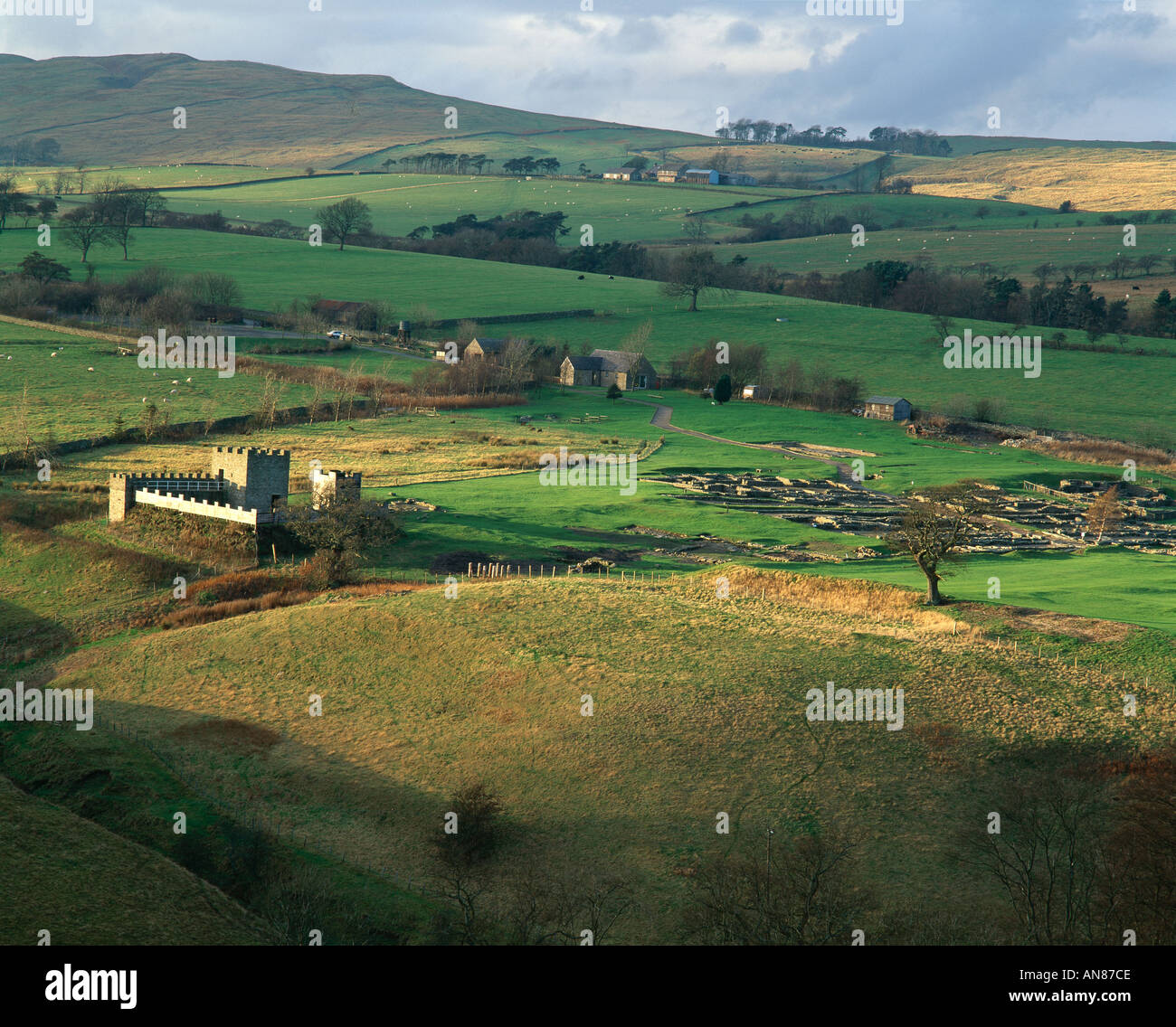 La ricostruzione di Roman Fort, Vindolanda, il vallo di Adriano, Northumberland, Inghilterra. Foto Stock