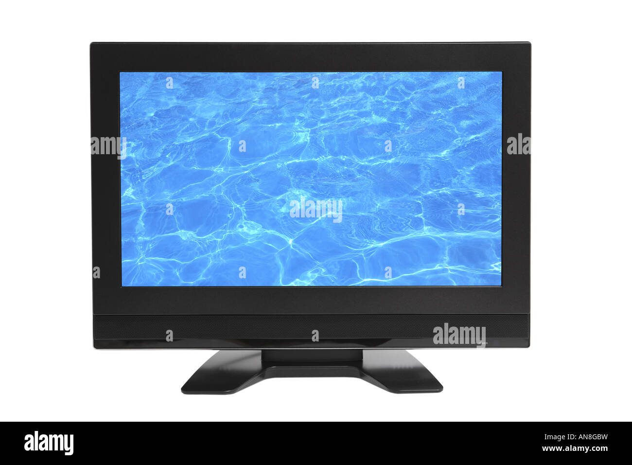 La televisione in HD con acqua immagine sullo schermo ritagliata su sfondo bianco Foto Stock