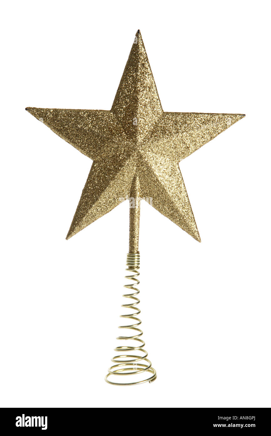 Stella d'oro albero di Natale topper ornamento ritagliata su sfondo bianco Foto Stock