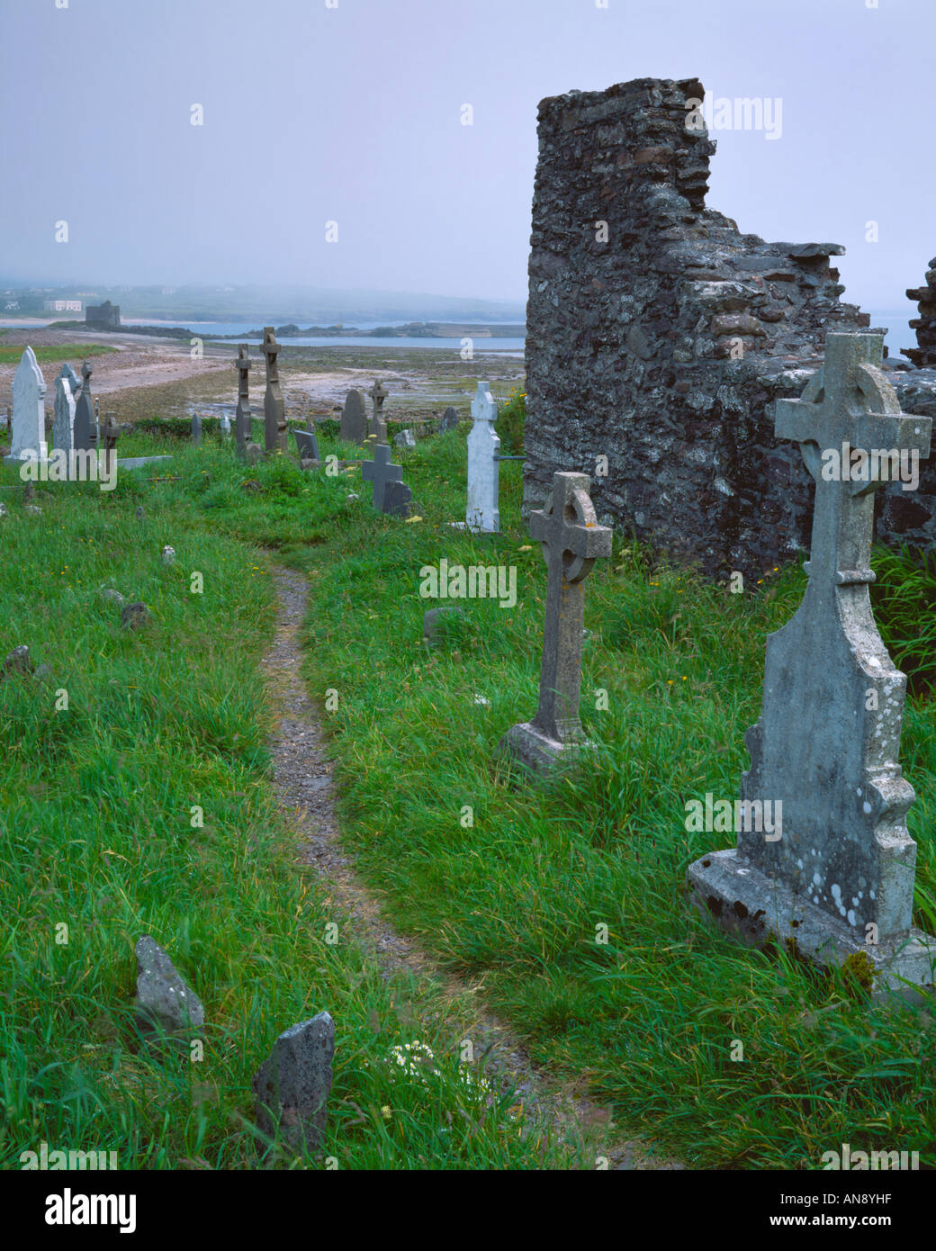 Lapidi e rovine di Ballinskelligs Abbey nella Contea di Kerry, Irlanda Foto Stock