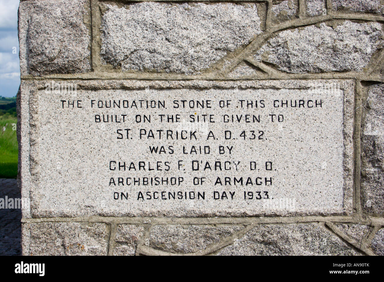 Pietra di fondazione della chiesa Saul Downpatrick contea di Down Foto Stock