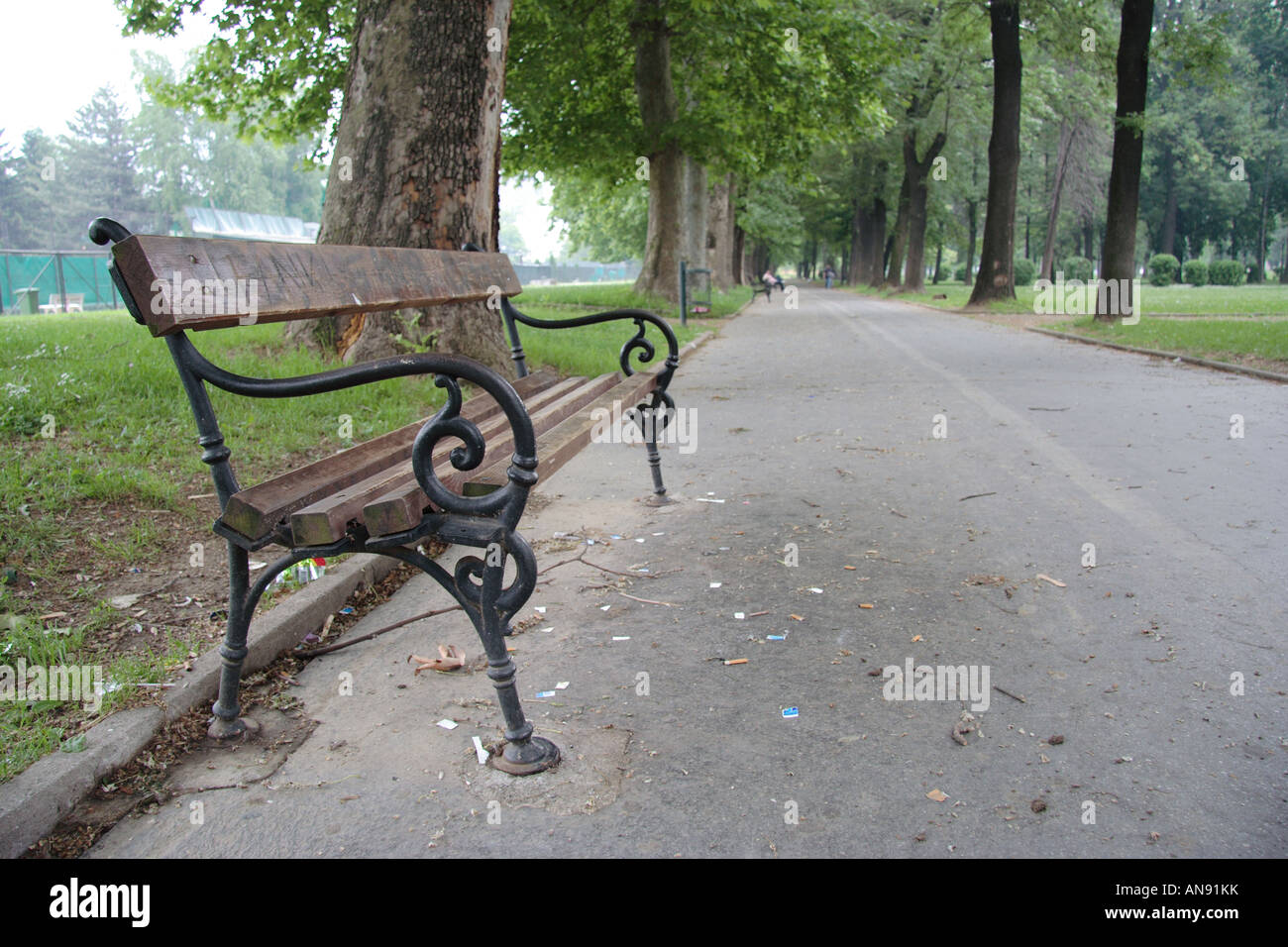 Un banco vuoto nel parco Foto Stock