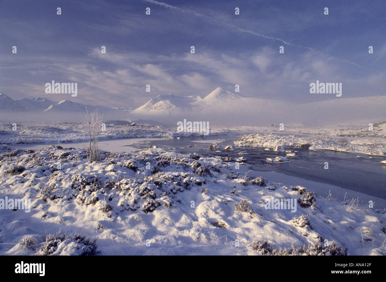Scozia Rannoch Moor in inverno in tre regioni scozzesi Highland, Tayside e Argyll and Bute GPL 1031 Foto Stock