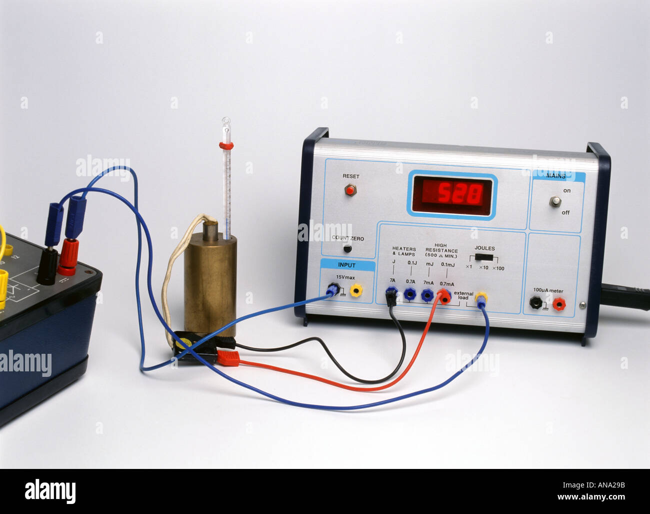Joulemeter la misurazione dell'energia alimentata ad un blocco di rame mentre un termometro è utilizzato per monitorare la salita in temperatura Foto Stock