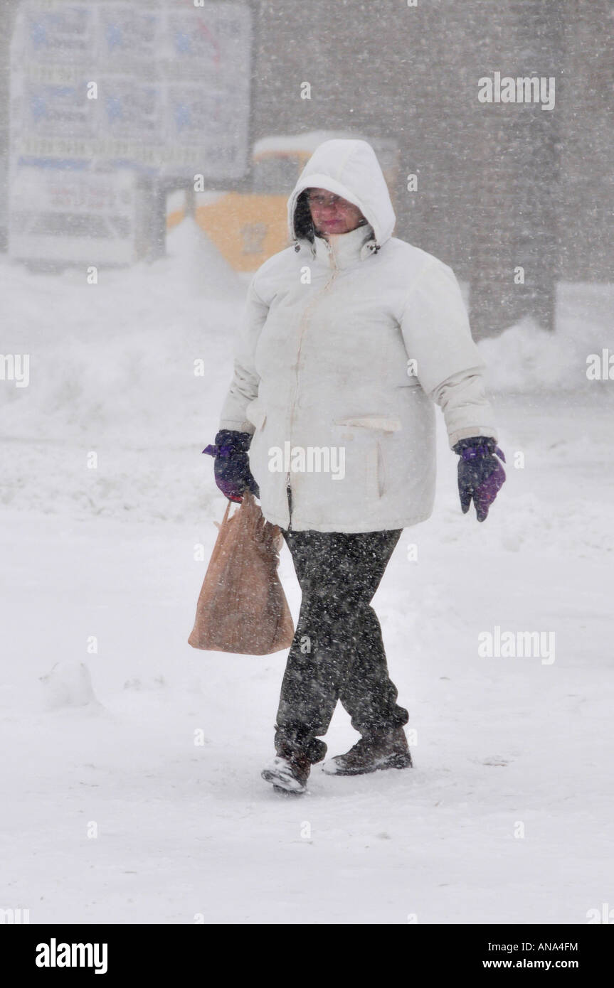 A fare la spesa durante un inverno tempesta di neve durante la stagione invernale nei sobborghi di Detroit Michigan Foto Stock