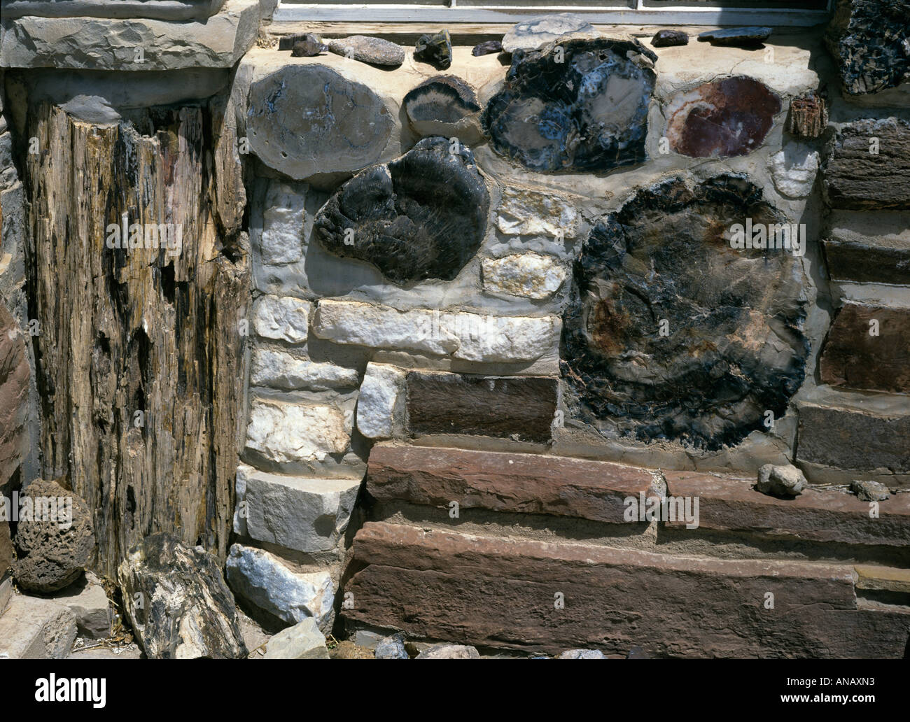 Facciata di una casa di proprietà di un collezionista di minerali con costruito nel petrifications, hanksville, Utah, Stati Uniti d'America Foto Stock