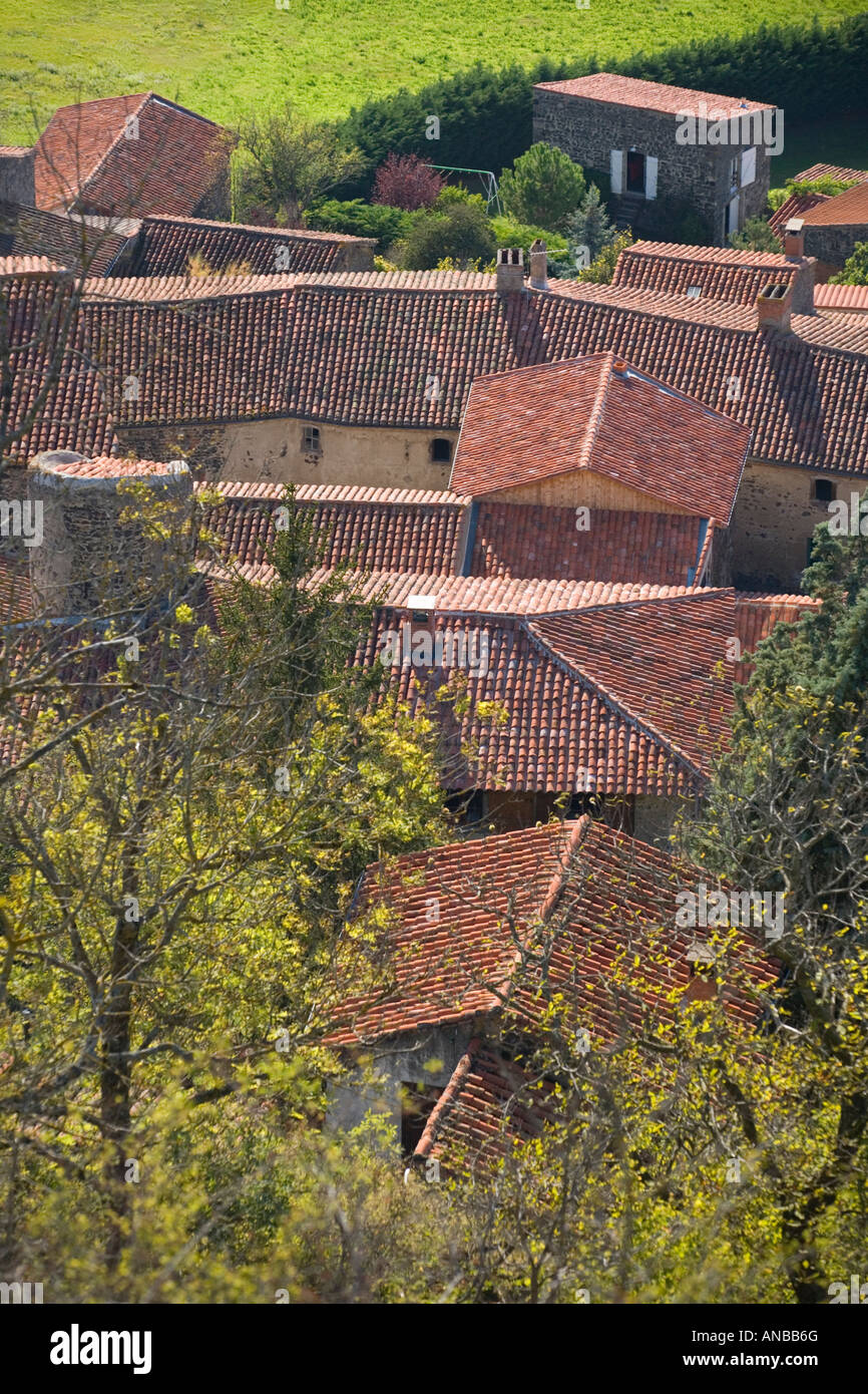 Una vista sulla red-tetti di tegole di Usson (Puy de Dôme - Francia). Vue aérienne des allasua du village d' Usson (Puy de Dôme - Francia) Foto Stock