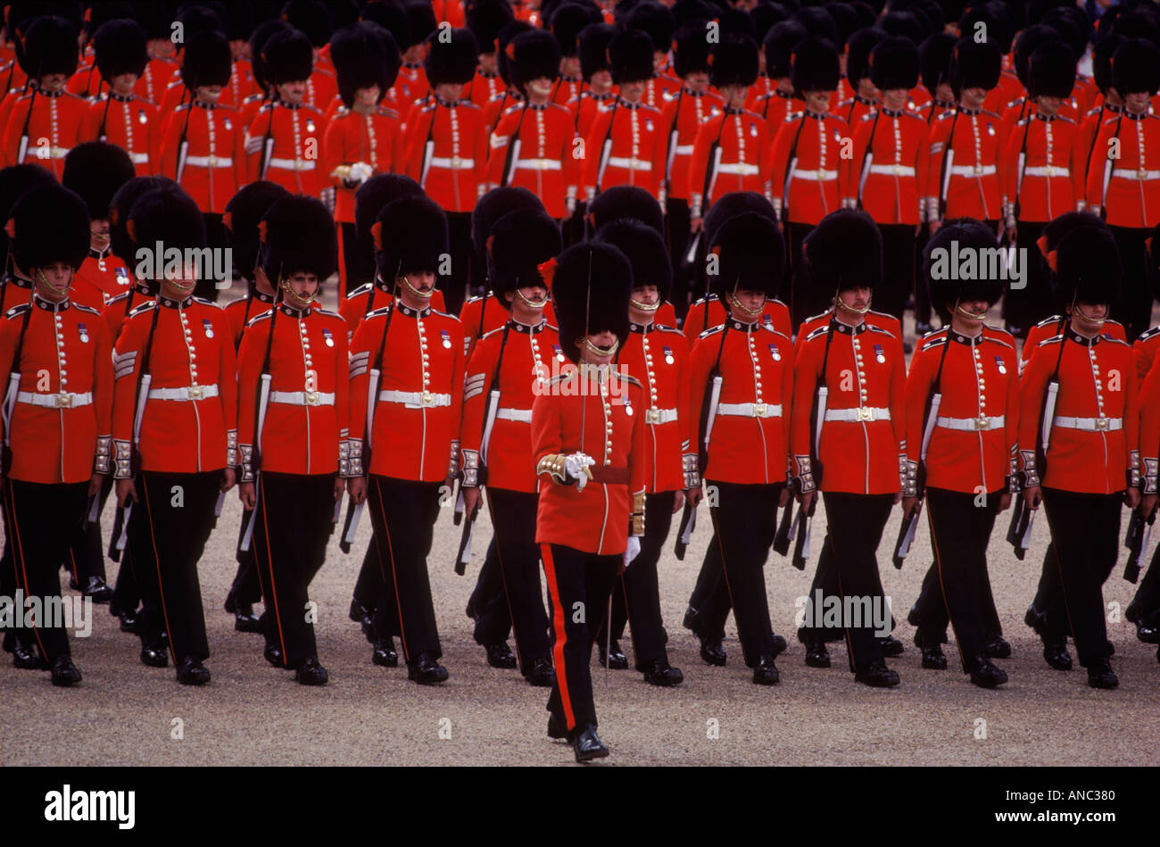 Trooping the Colour on Horse Guards Parade. Soldati britannici in uniforme cerimoniale Londra UK circa giugno 1985. OMERO SYKES Foto Stock