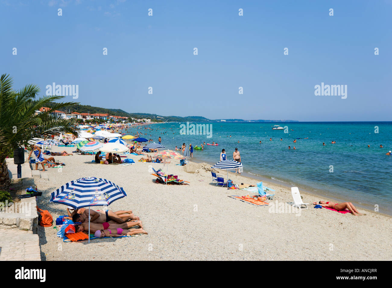 Spiaggia, Polichrono, penisola Kassandra di Halkidiki, Grecia Foto Stock