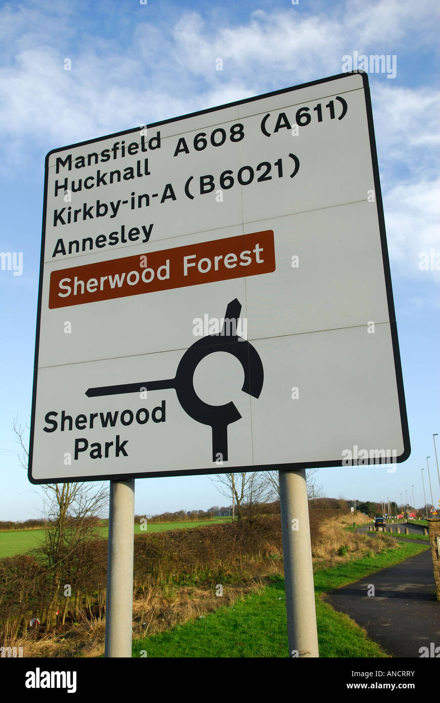 Cartello stradale a Foresta di Sherwood nottinghamshire. Foto Stock