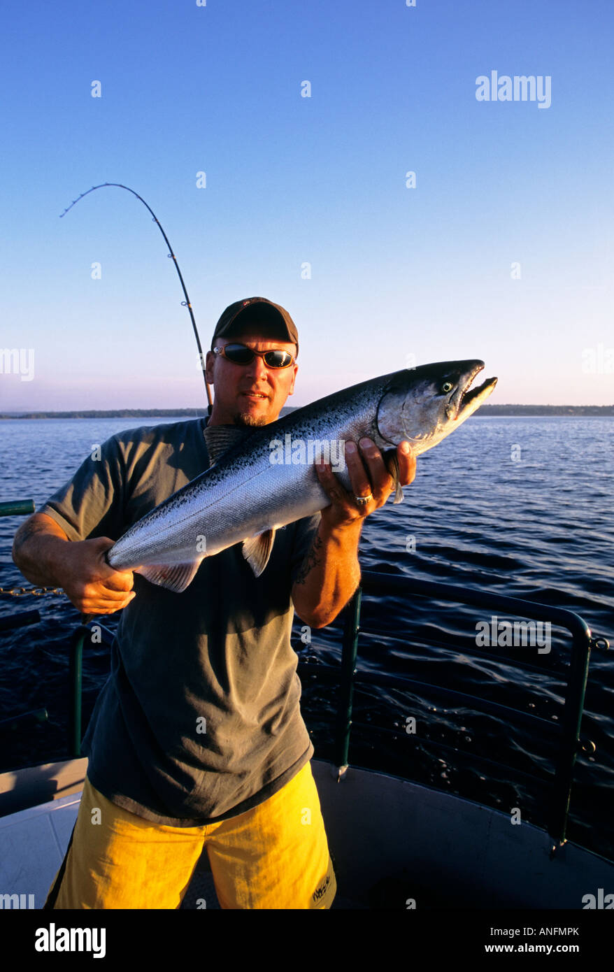 Un pescatore gode la ricompensa delle sue fatiche da catturare un grande salmone in Georgian Bay, a scandagliare cinque National Marine Park, Foto Stock