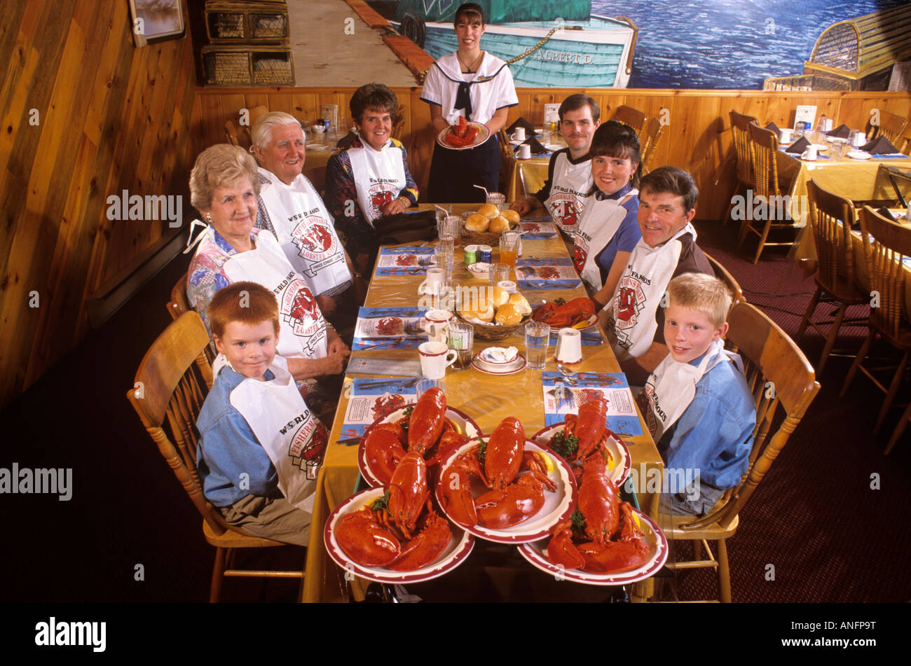 Cena a base di aragosta, Fisherman Wharf, Nord Rustico, Prince Edward Island, Canada. Foto Stock