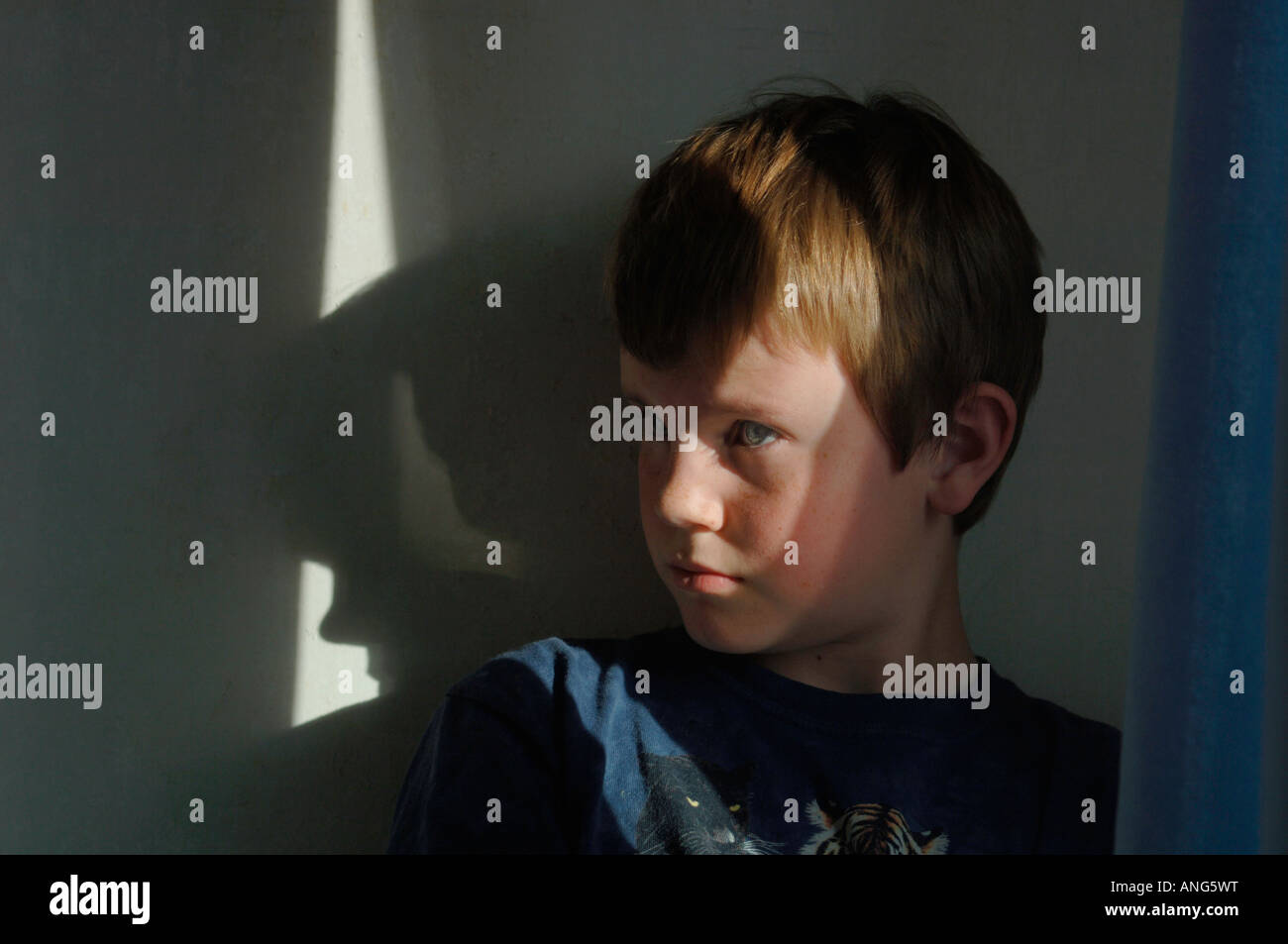 13yr old boy,catturati in Moody illuminazione naturale. Foto Stock