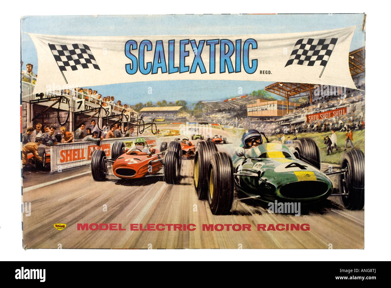 Coperchio scatola da un 1960 Modello Scalextric Motor Racing impostato Foto Stock