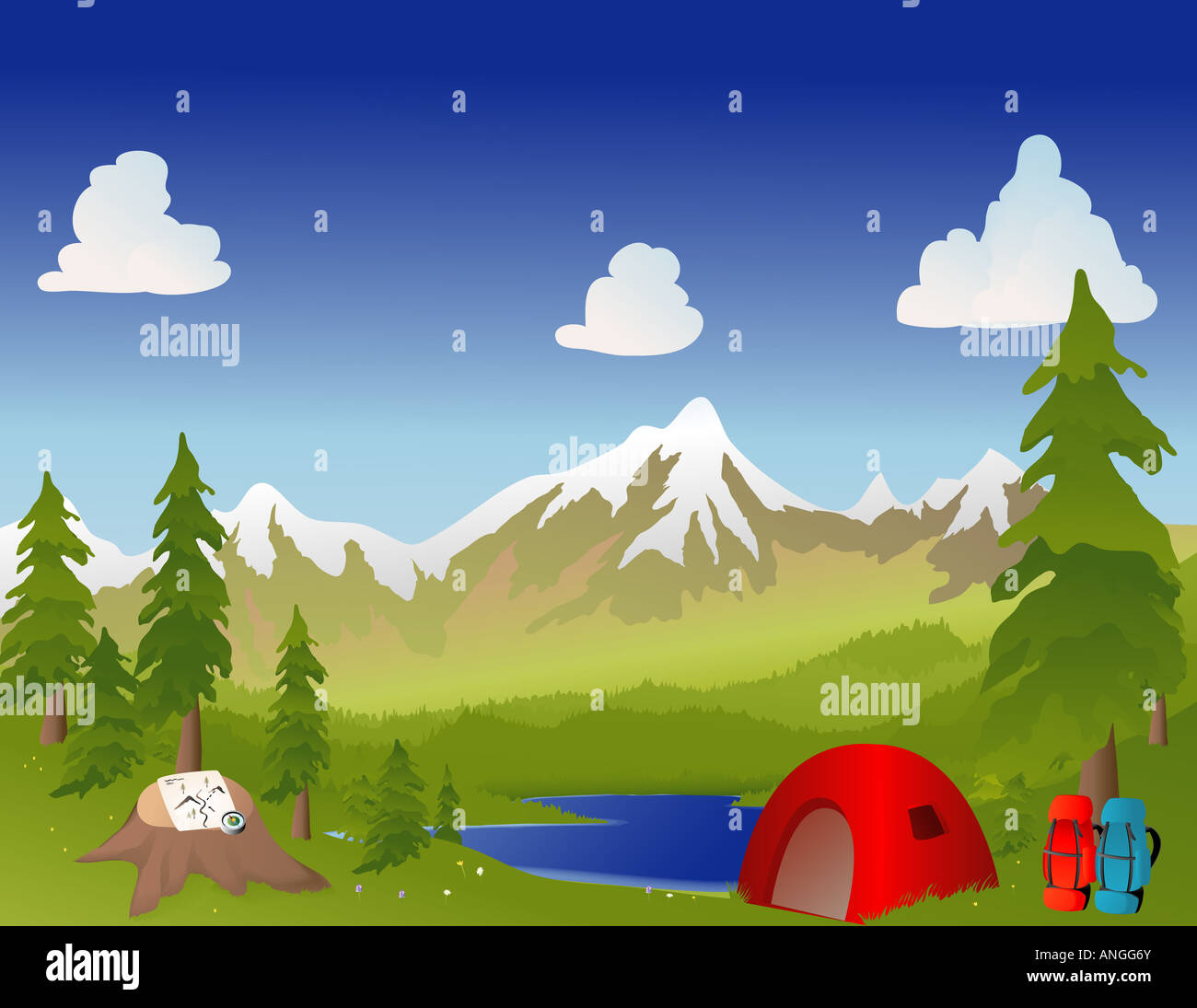 Camping in montagna con una tenda zaini bussola e mappa Foto Stock