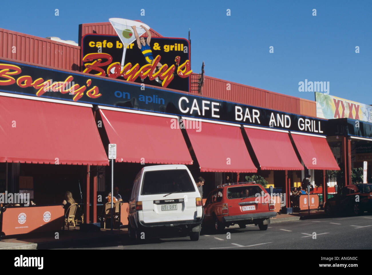 Boydy's cafe, bar e grill esterno dell'edificio, centro di Cairns, Queensland, costa orientale dell'Australia. Foto Stock