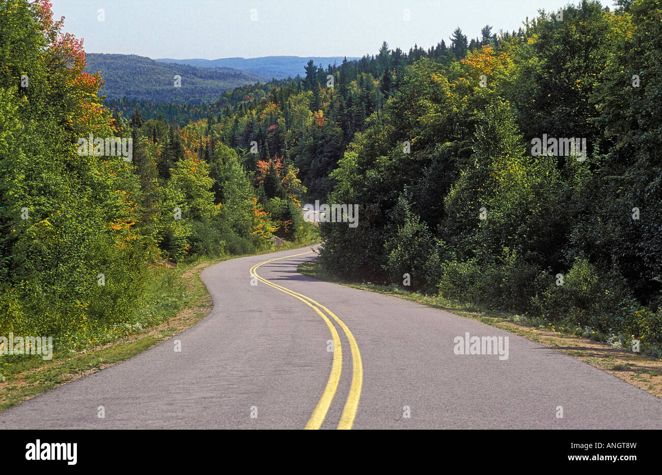 Parkway strada si snoda attraverso il bosco misto di foresta del sud scudo canadese e abbassare Laurentian Mountains in La Mauricie National Foto Stock