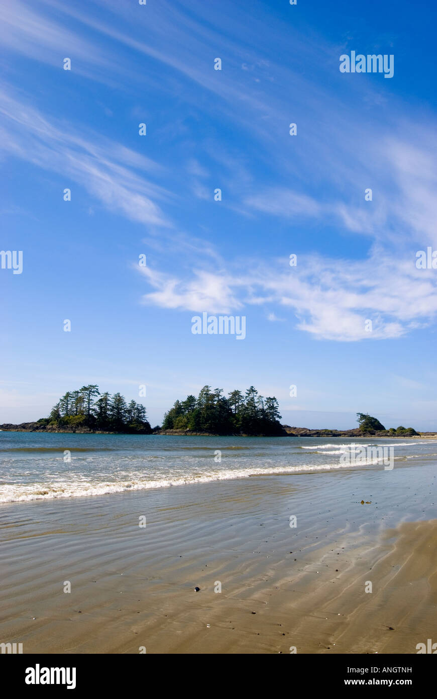 Una giornata soleggiata con whispy nuvole a Chesterman Beach vicino a Tofino, Isola di Vancouver, British Columbia, Canada. Foto Stock