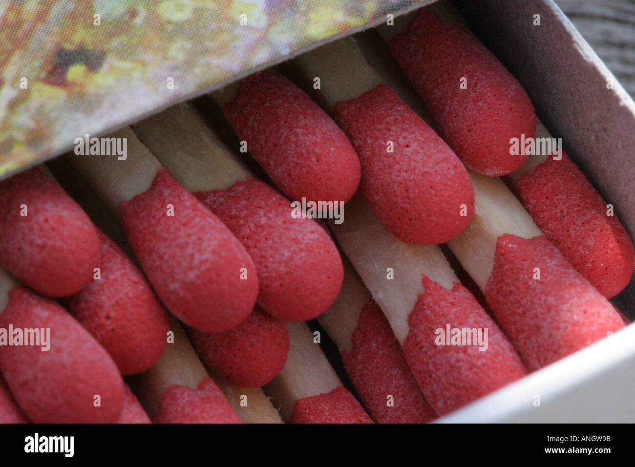 Red fiammiferi di sicurezza in una scatola Foto Stock