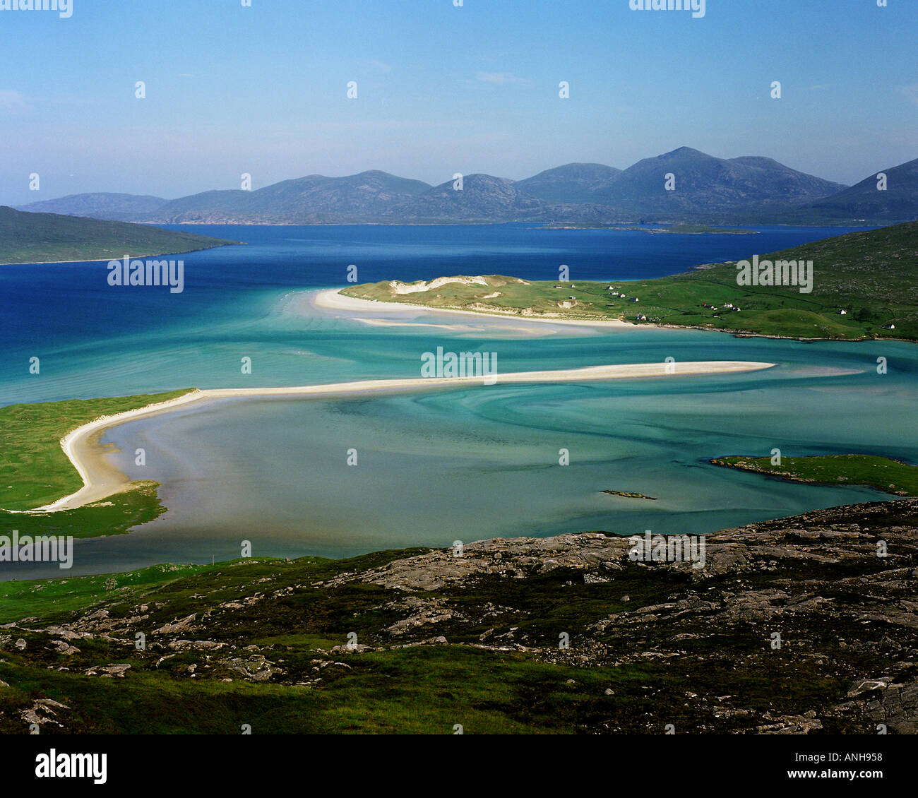 Spiaggia Luskentire Isle of Harris vista da Carran Foto Stock