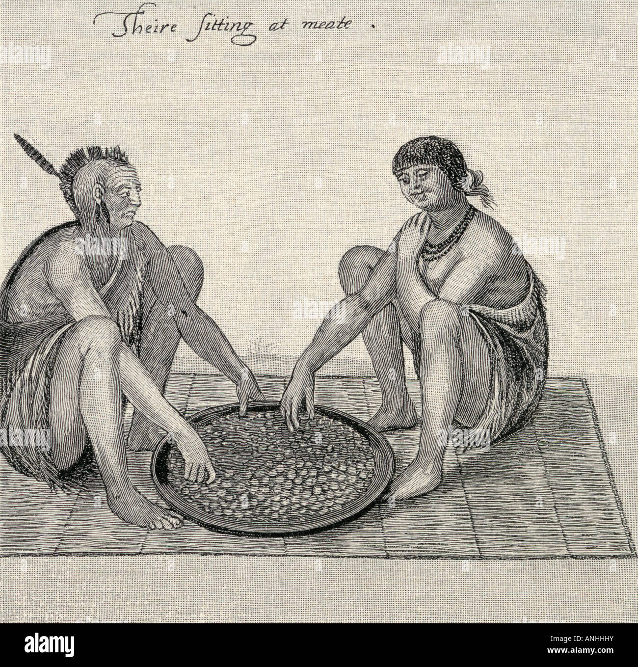 Loro seduti a carne. Incisione dal disegno originale realizzato nella colonia di Raleigh nel 1585 da John White,c. 1539 – c.1593. Foto Stock