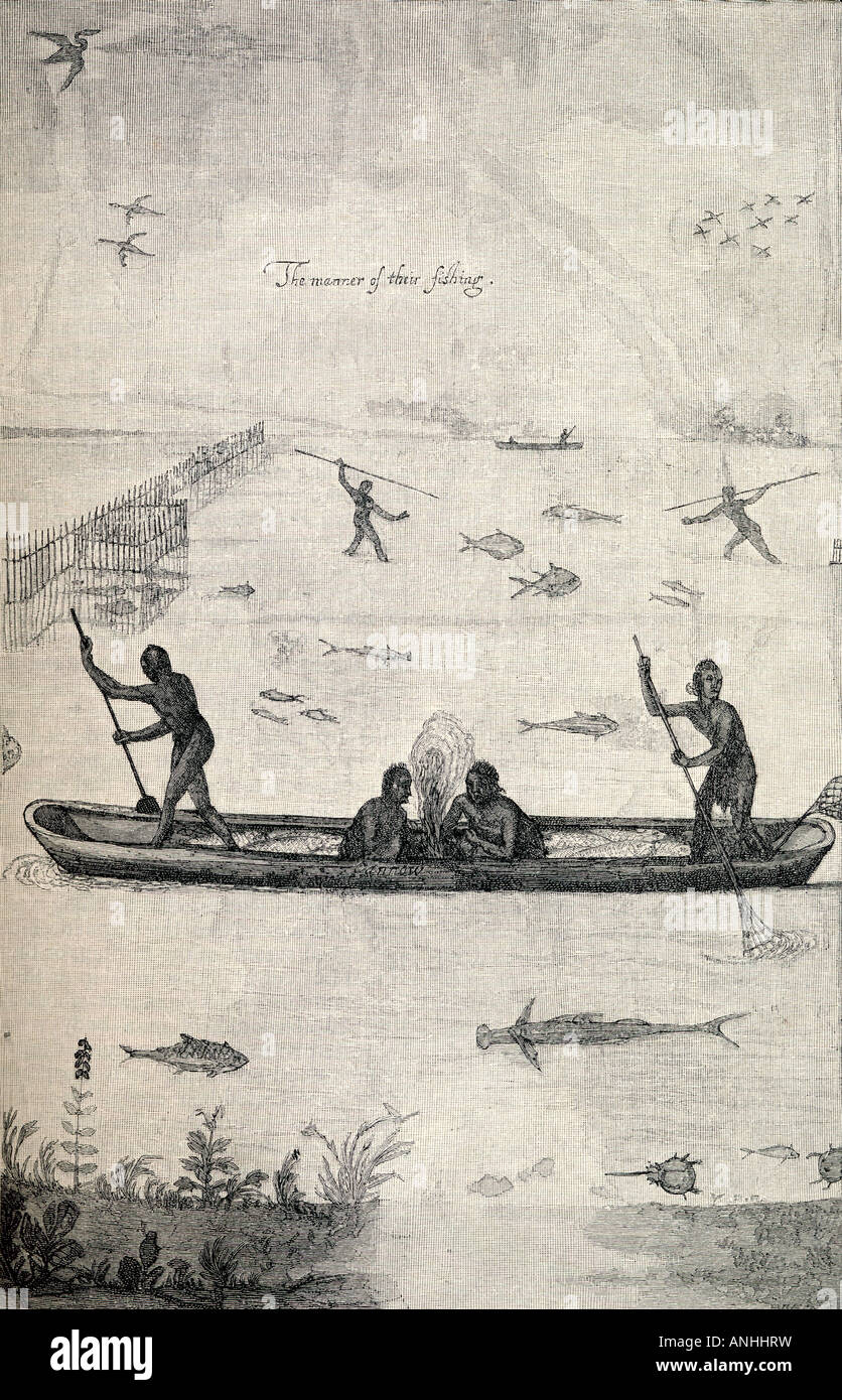 Indiani pesca. Incisione dal disegno originale di John White,c. 1539 – c.1593. Governatore coloniale inglese, esploratore, artista e cartografo. Foto Stock