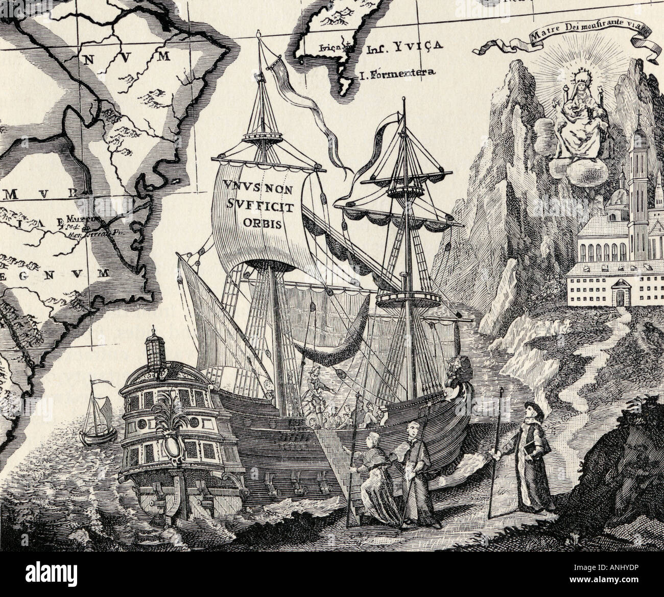 Antica incisione di una nave per una antica mappa fatta da un monaco Benedettino circa 1740 Foto Stock