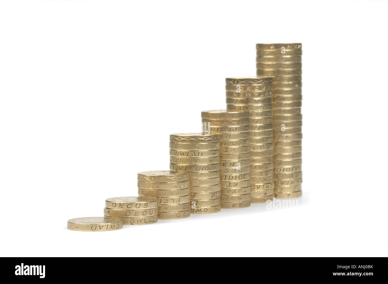 Ordine crescente di pile di libbra di monete Foto Stock