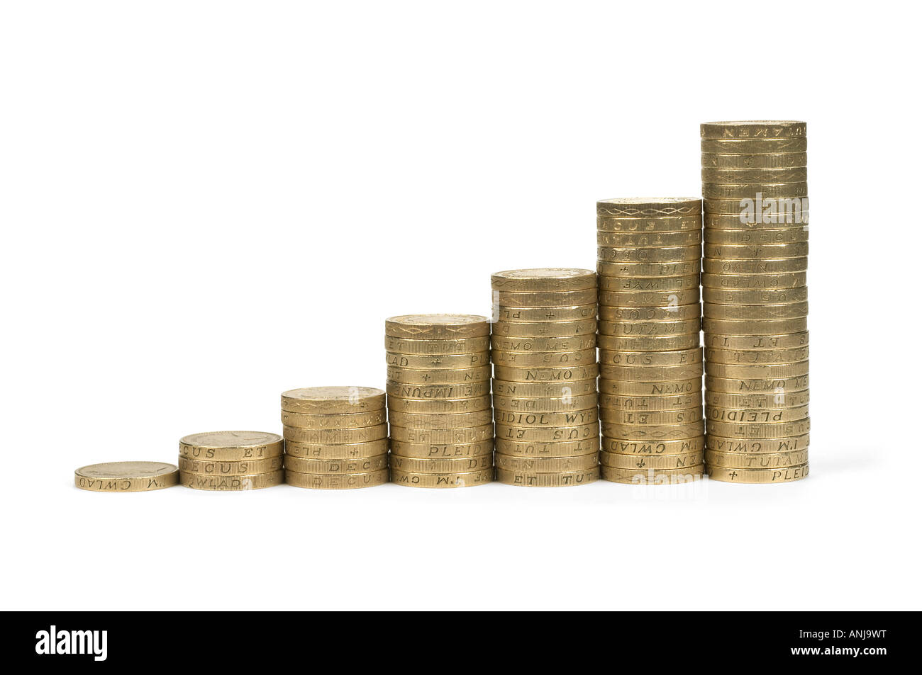 Ordine crescente di pile di libbra di monete Foto Stock