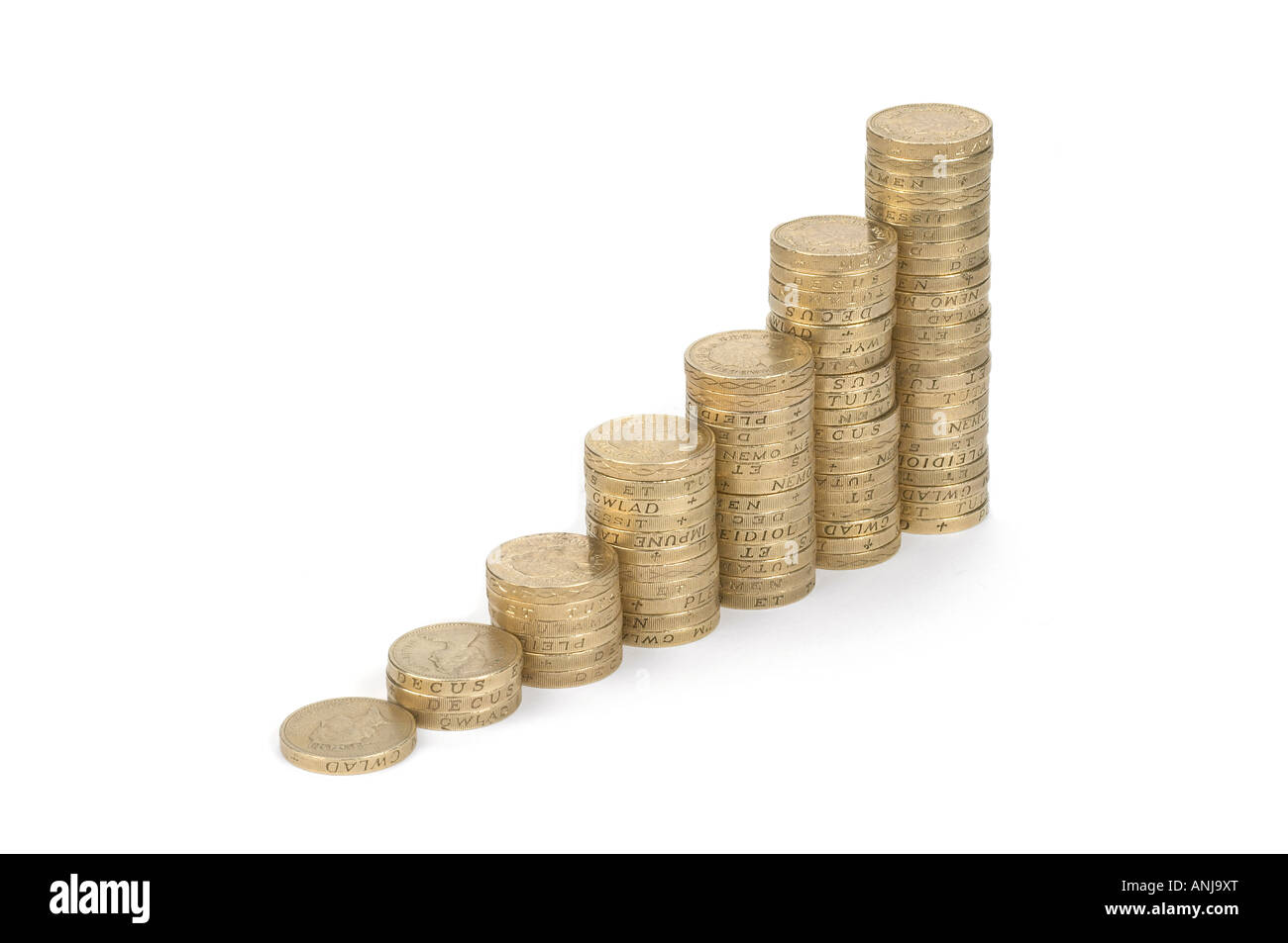 Ordine crescente di pile di libbra di monete Foto Stock