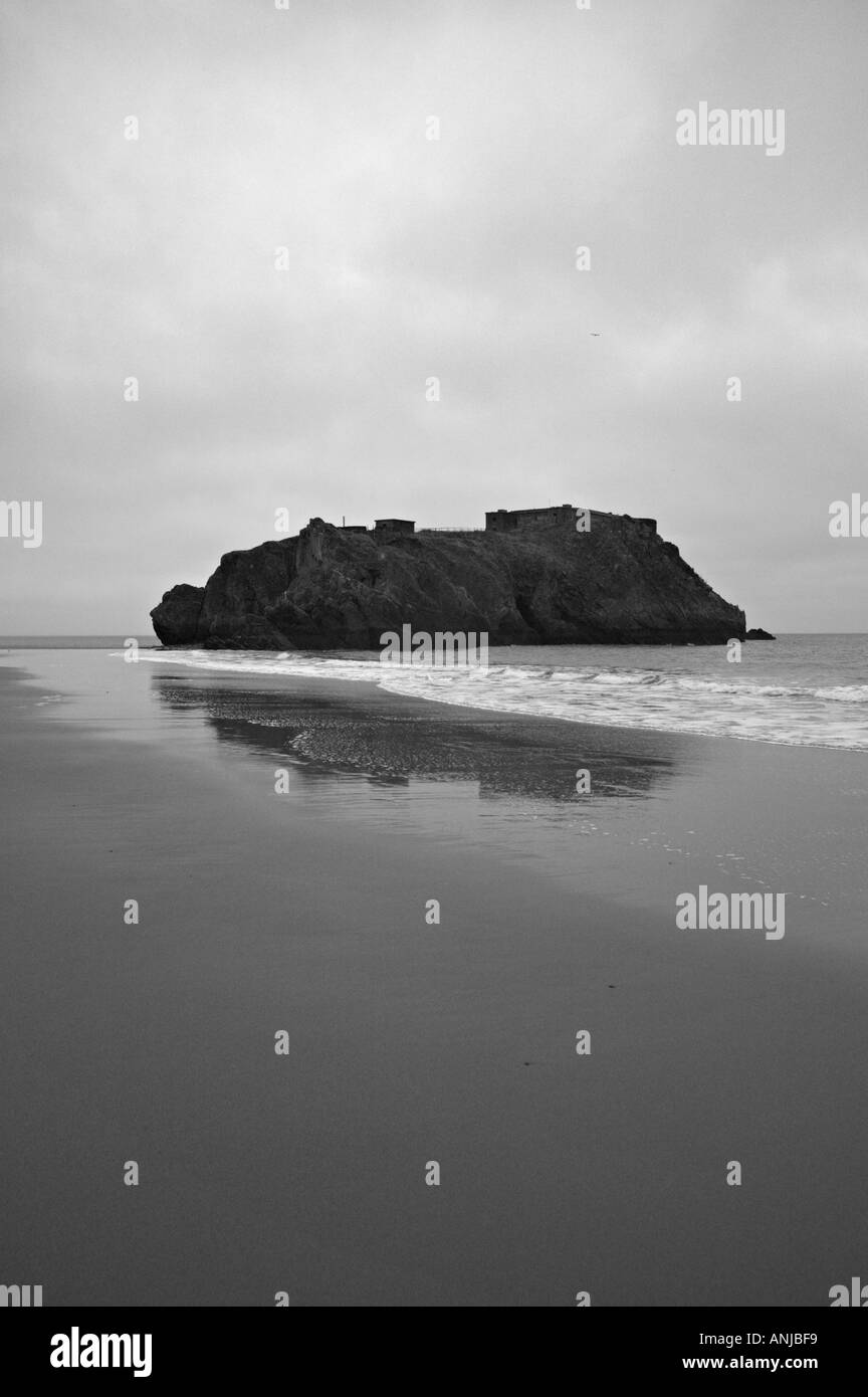 Immagine in bianco e nero dell'isola a Castle Beach, Tenby, Pembrokeshire, Galles Foto Stock