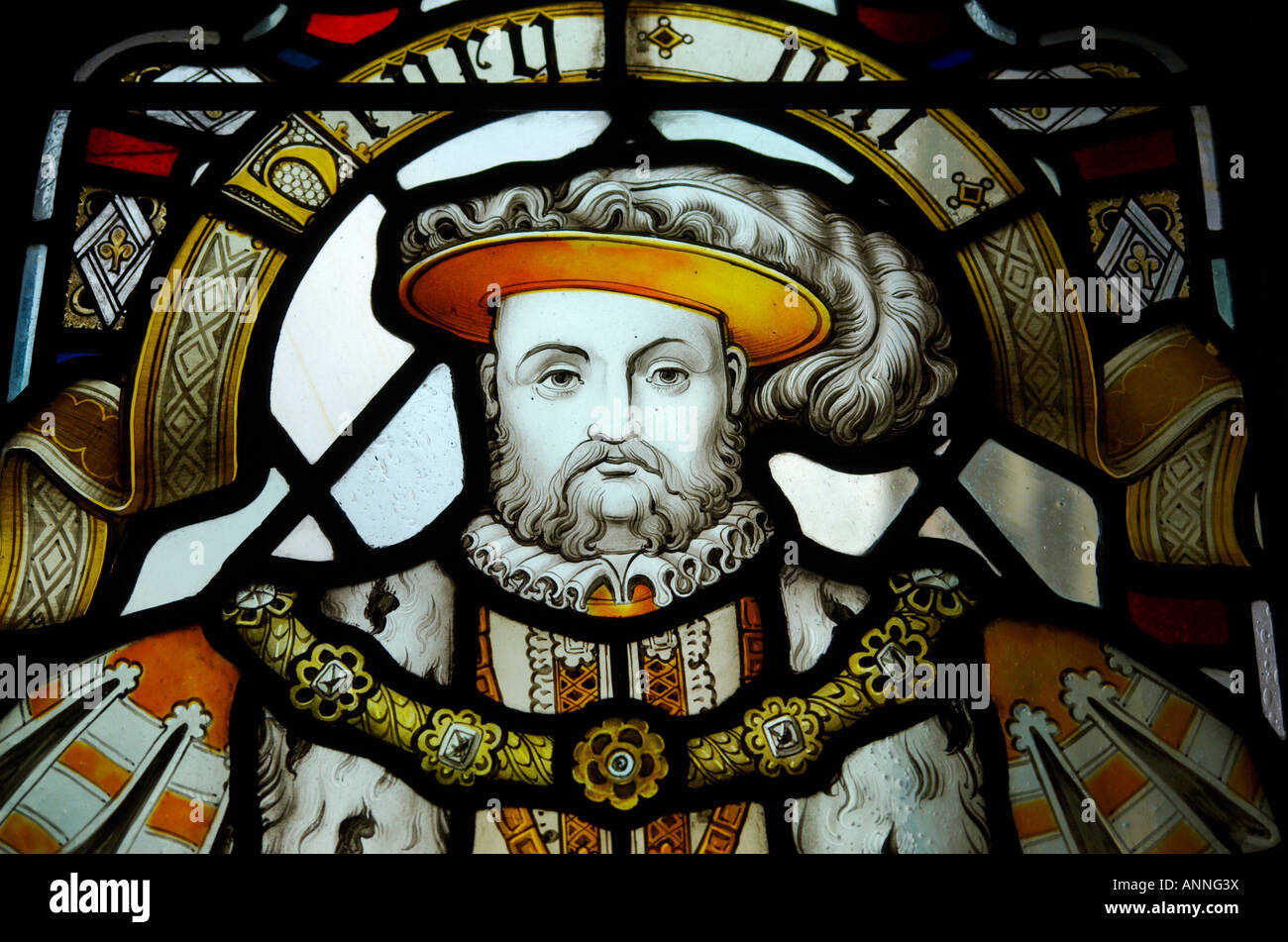 Le vetrate colorate del re Henry VIII a Cattedrale di Bristol Inghilterra Foto Stock