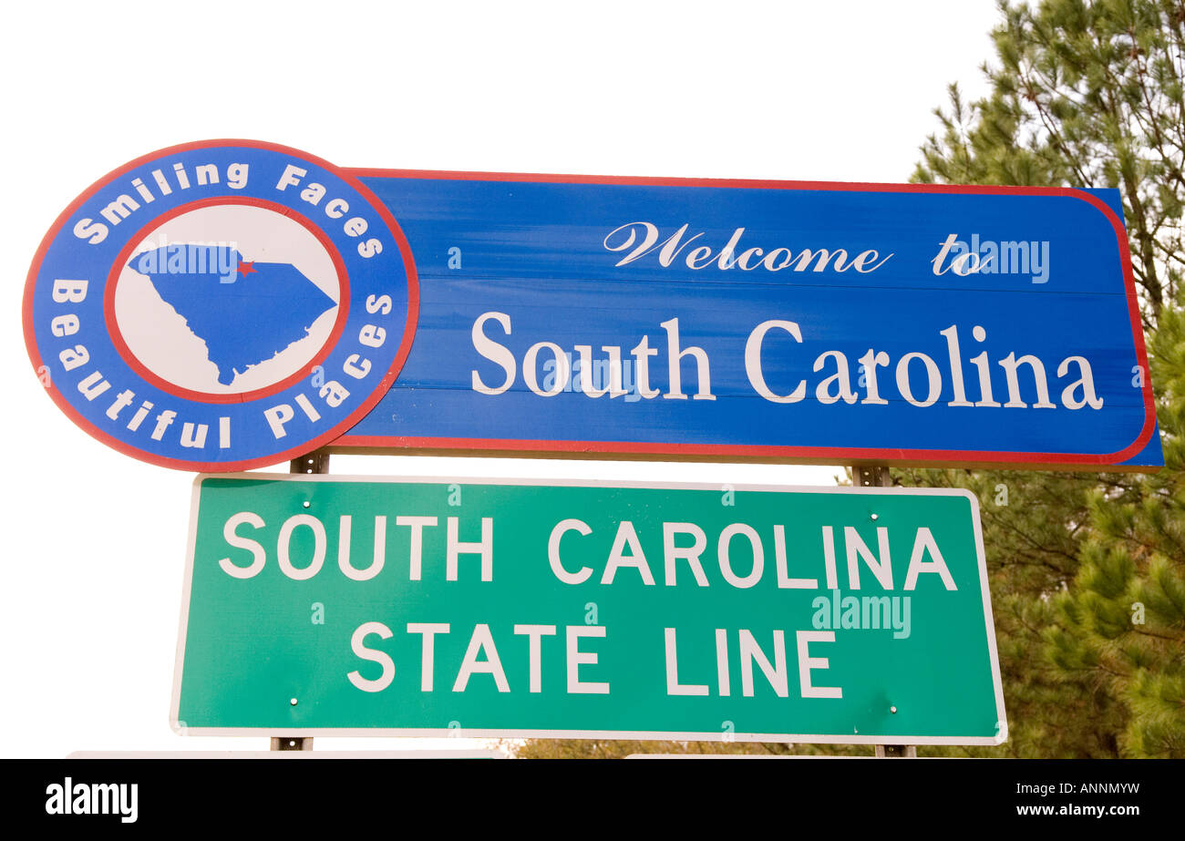 Benvenuto al cartello stradale del South Carolina al confine di stato, USA. Foto Stock