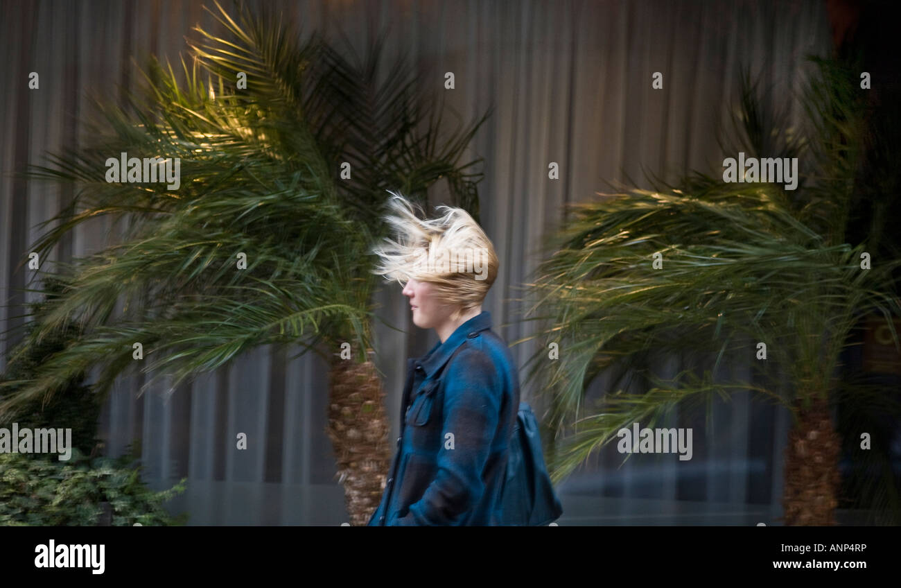Venti invernali hit Birmingham come un pedone è bruciato lungo contro uno sfondo di Ventoso palme di fronte ad un ristorante Foto Stock