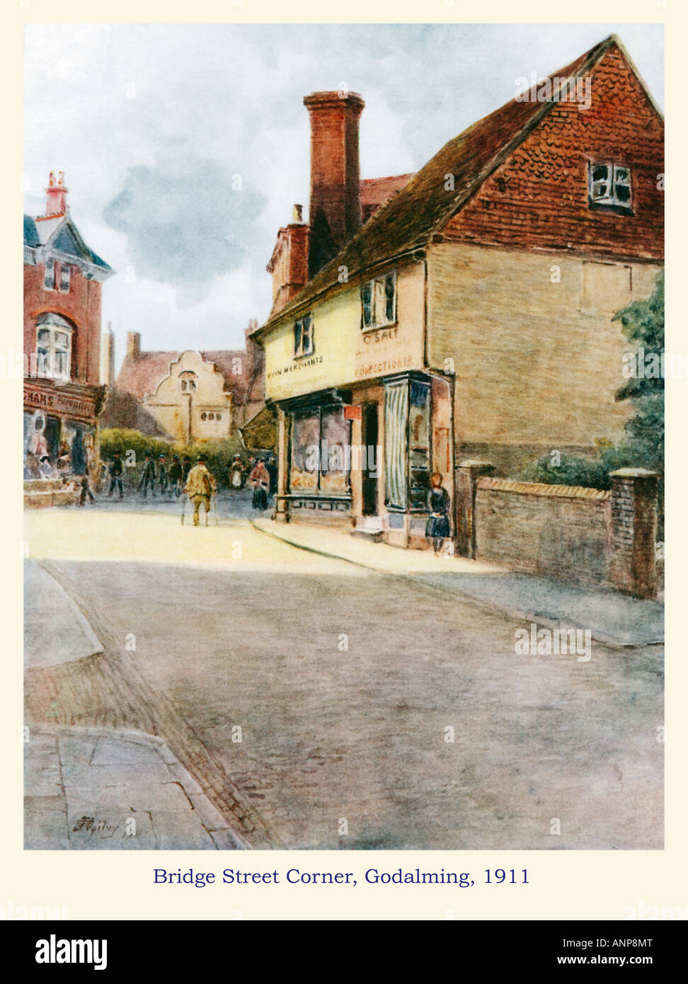 Bridge Street Corner Godalming 1911 acquarello del Main Street nella città del Surrey Foto Stock