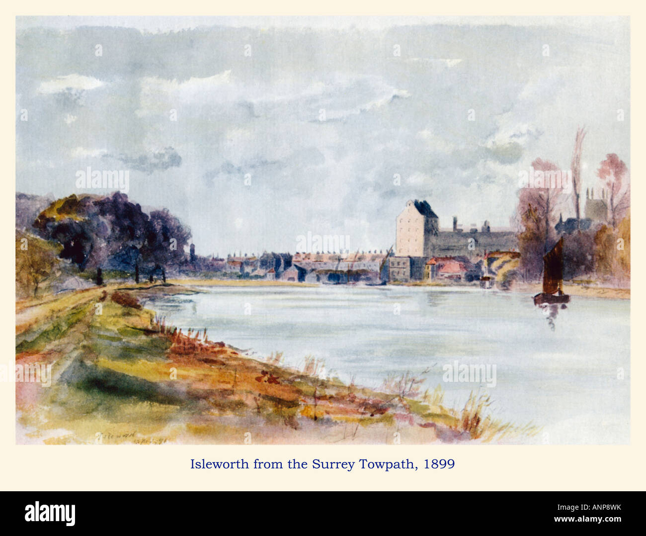 Isleworth dall'Alzaia 1899 acquarello del Middlesex riva del fiume Tamigi dal lato del Surrey Foto Stock