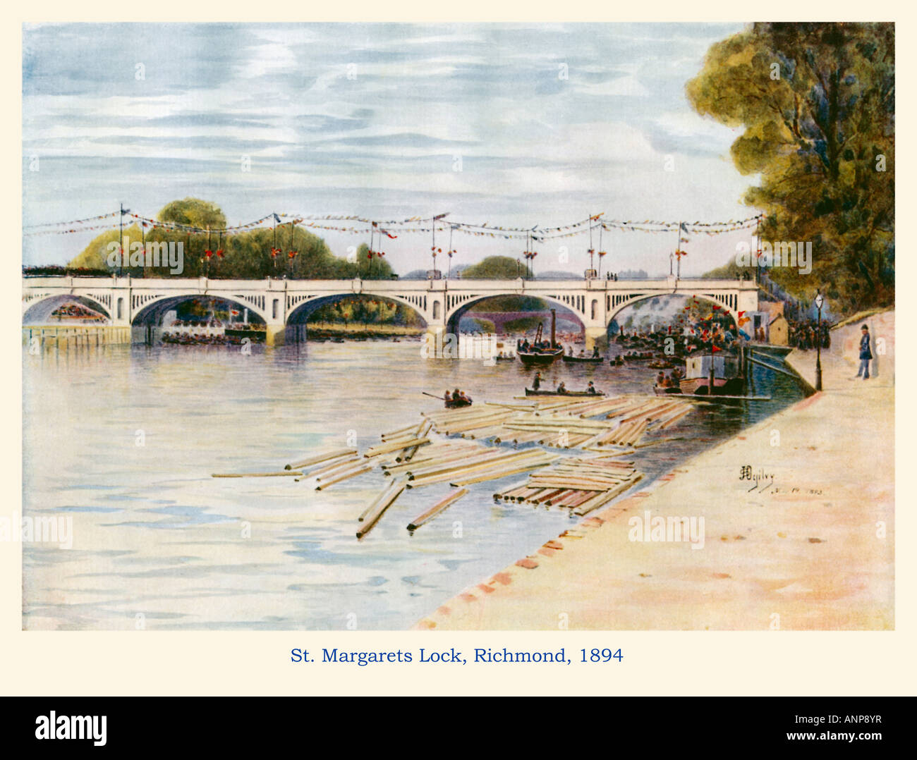 St Margarets Lock Richmond 1894 acquerello della cerimonia di apertura della serratura e stregoni sul fiume Tamigi Foto Stock