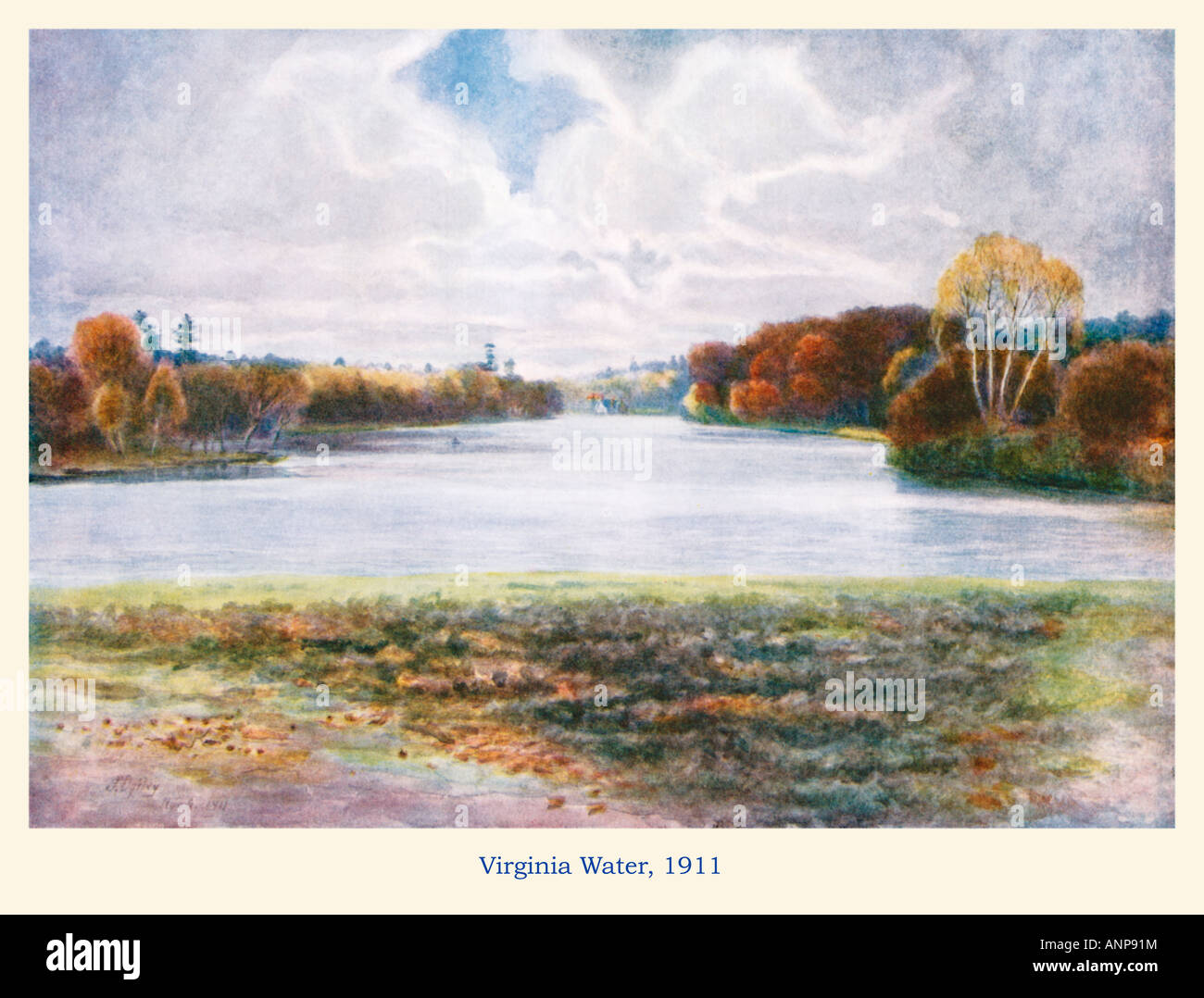 Virginia Water 1911 acquarello del Surrey lago e bellezza posto vicino a Windsor in Autunno colori Foto Stock