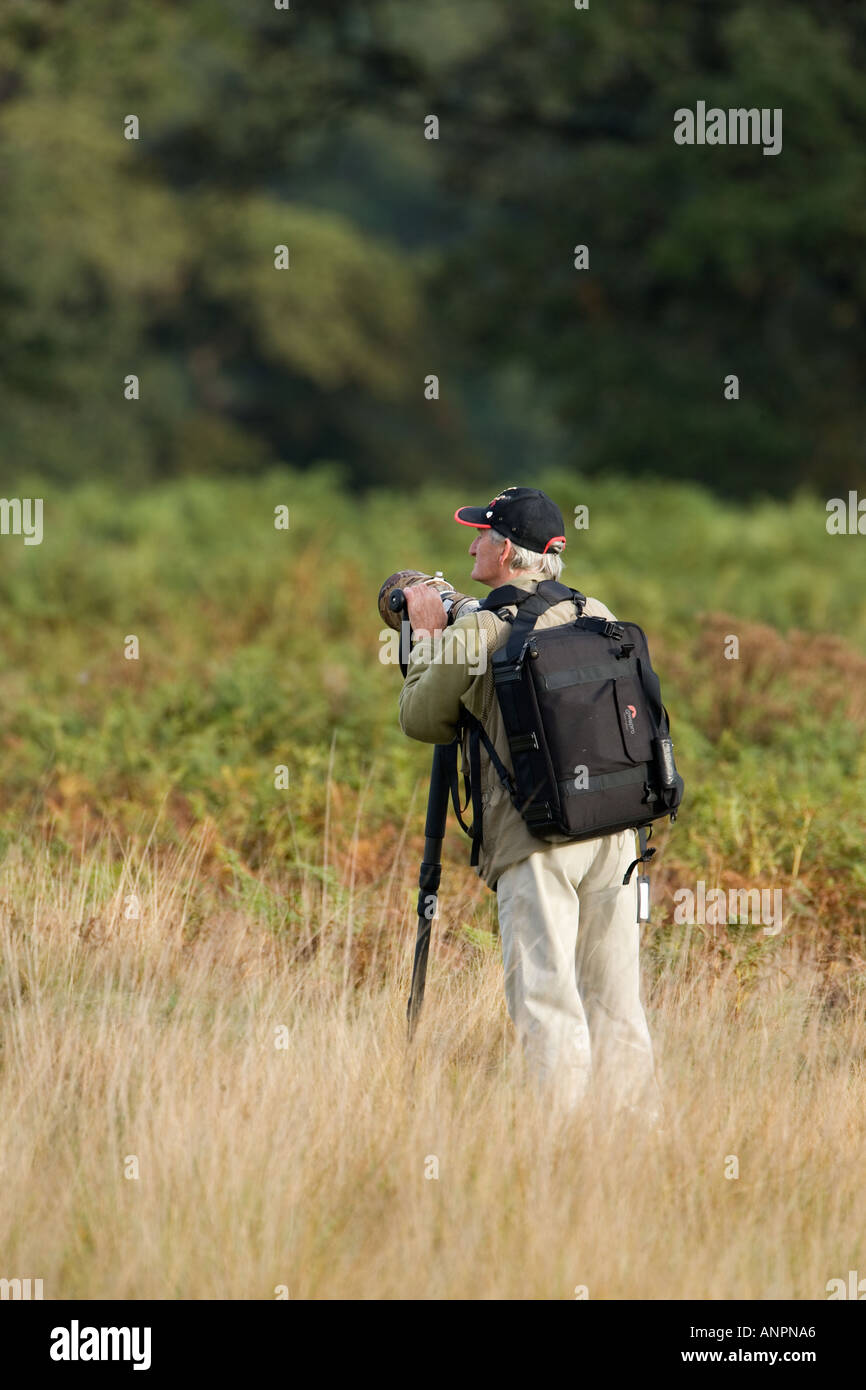 Uomo in piedi con la fotocamera lungo lente e mono pod in erba ruvida con sfondo bracken fotografare i cervi richmond park london Foto Stock