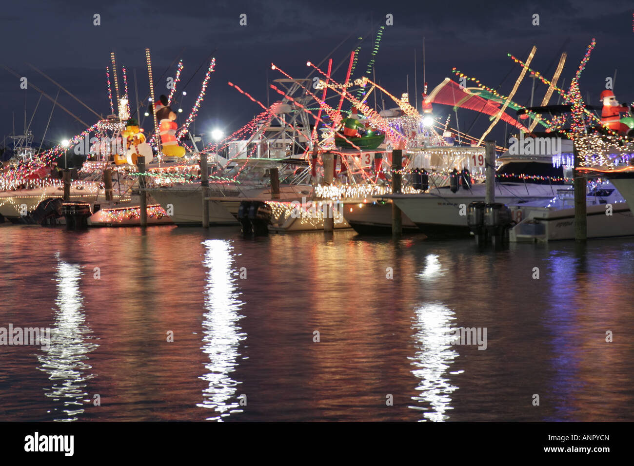 Miami Florida,Watson Island,Biscayne Bay,Parata annuale della barca di festa,decorazione di Natale,decorazioni,luci,yacht,preparazione,serata notturna,FL07122202 Foto Stock