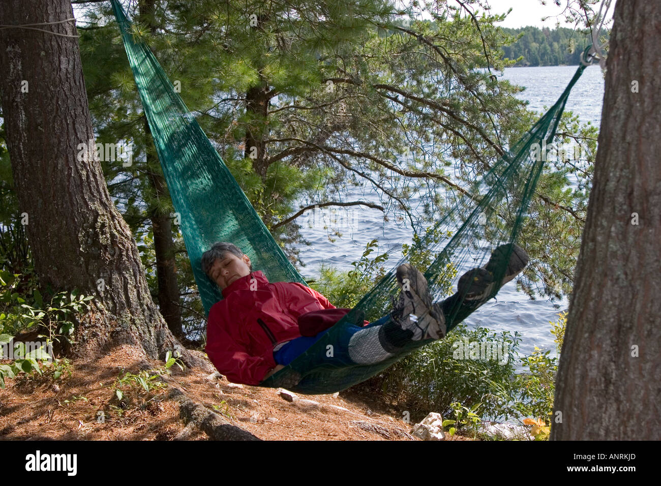Quetico Provincial Park Ontario Firenze Monnier dorme in una amaca durante una canoa viaggio di campeggio Foto Stock