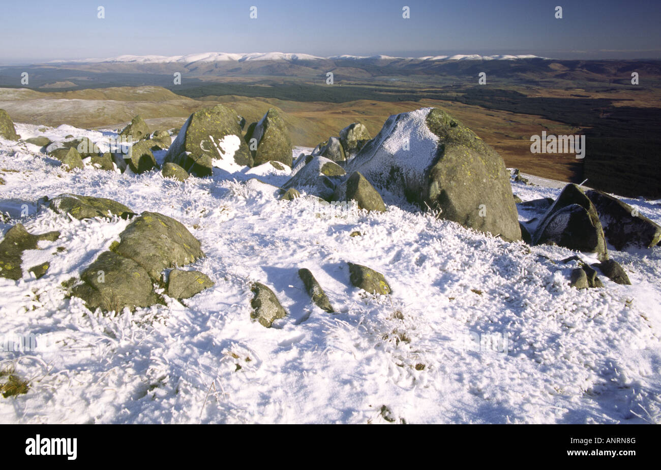 Scenic paesaggio invernale inverno neve sulle colline scozzesi in cima Queensberry in Lowther Hills cercando di fronte a Moffat Hills Scotl Foto Stock
