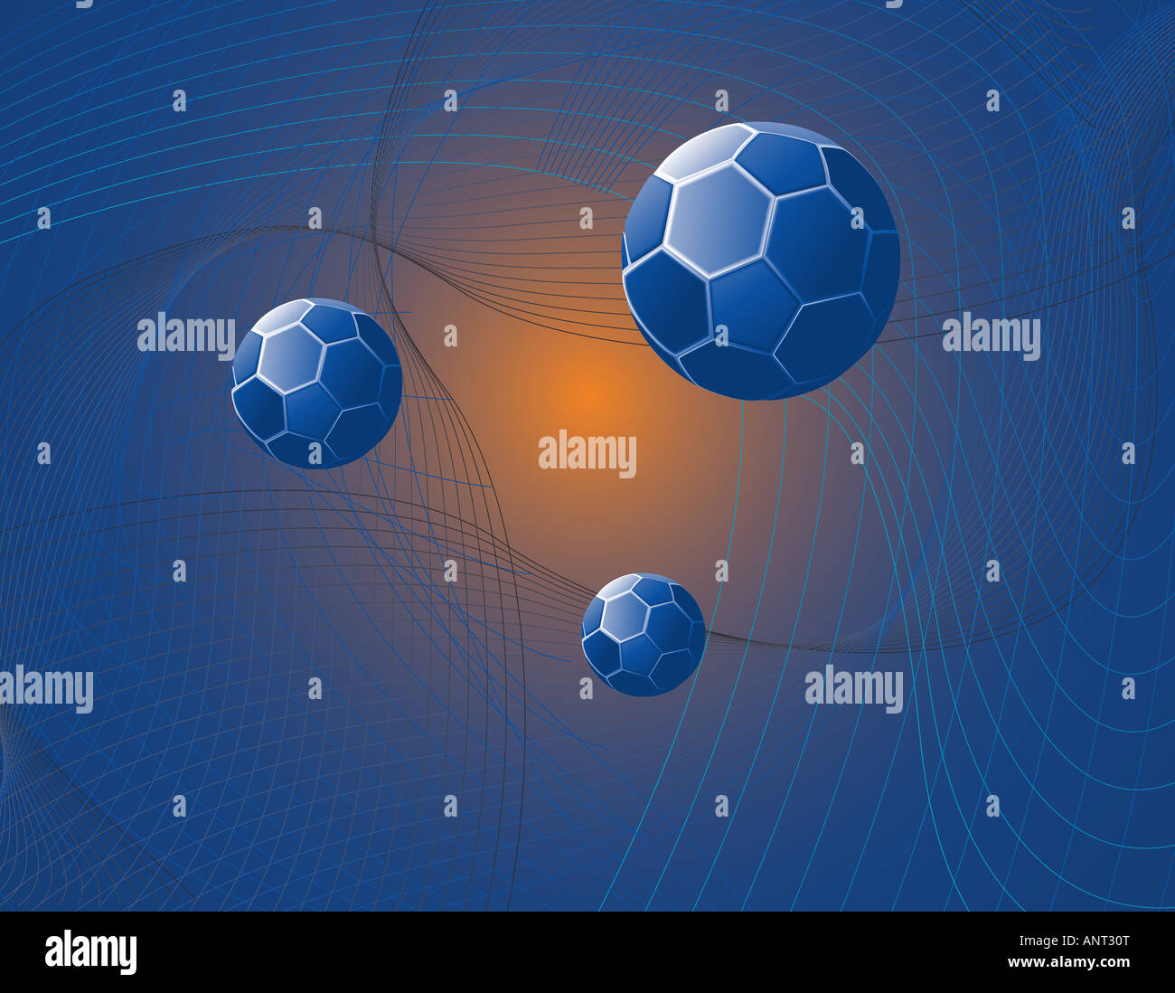 Illustrazione astratta di blu sfaccettata sfere deriva verso una luce Foto Stock