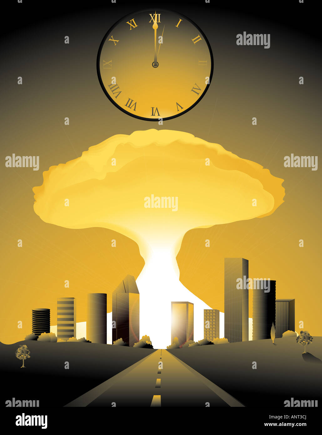 Il giorno del giudizio universale con una bomba nucleare andando fuori in una città e un orologio che colpisce la mezzanotte Foto Stock
