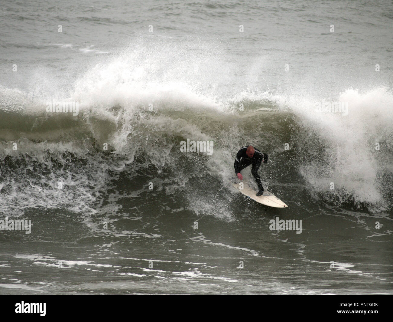 Surfer a cavallo di un onda in inverno. Cornovaglia, U.K, 10 gennaio 2008. Foto Stock